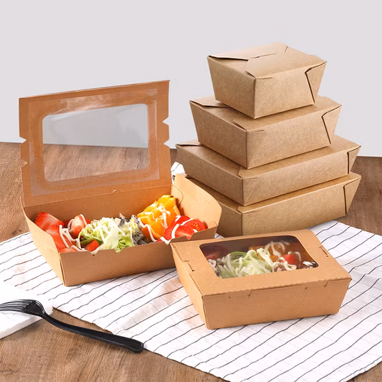 Caixa de embalagem de sobremesa descartável de tamanho personalizado Caixa de papel Kraft com janela Pacote de alimentos para viagem