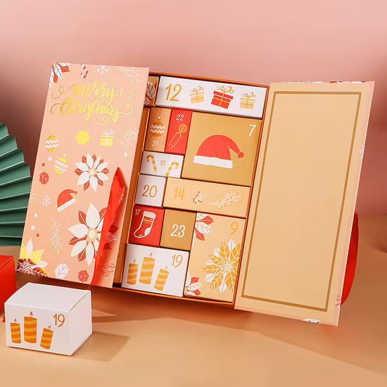 Design personalizado vazio 24 dias calendário de advento ramadan contagem regressiva presente cego chocolate doces brinquedo jóias vela papel fsc caixa de embalagem de presente de alimentos